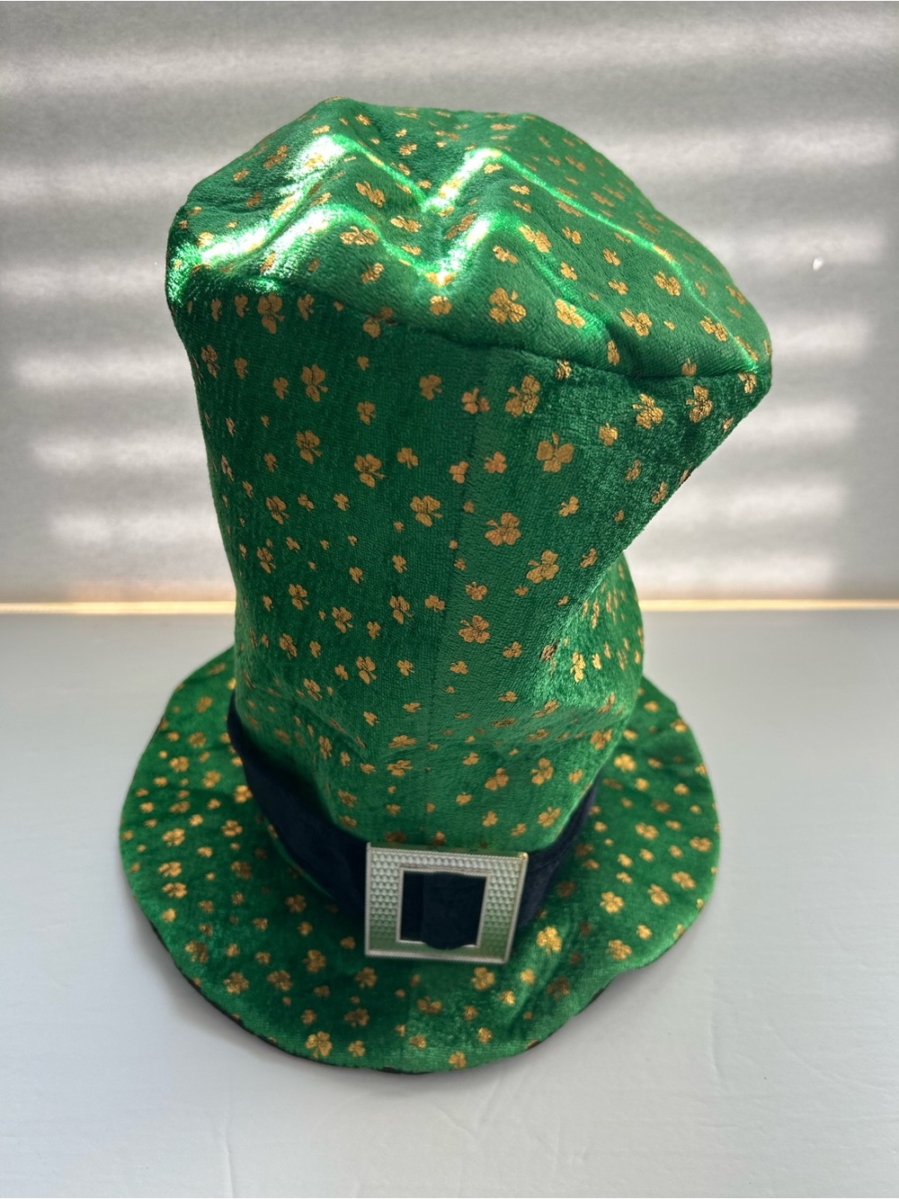 Green St. Patrick's High Top Hat with Gold Shamrock Print and black band